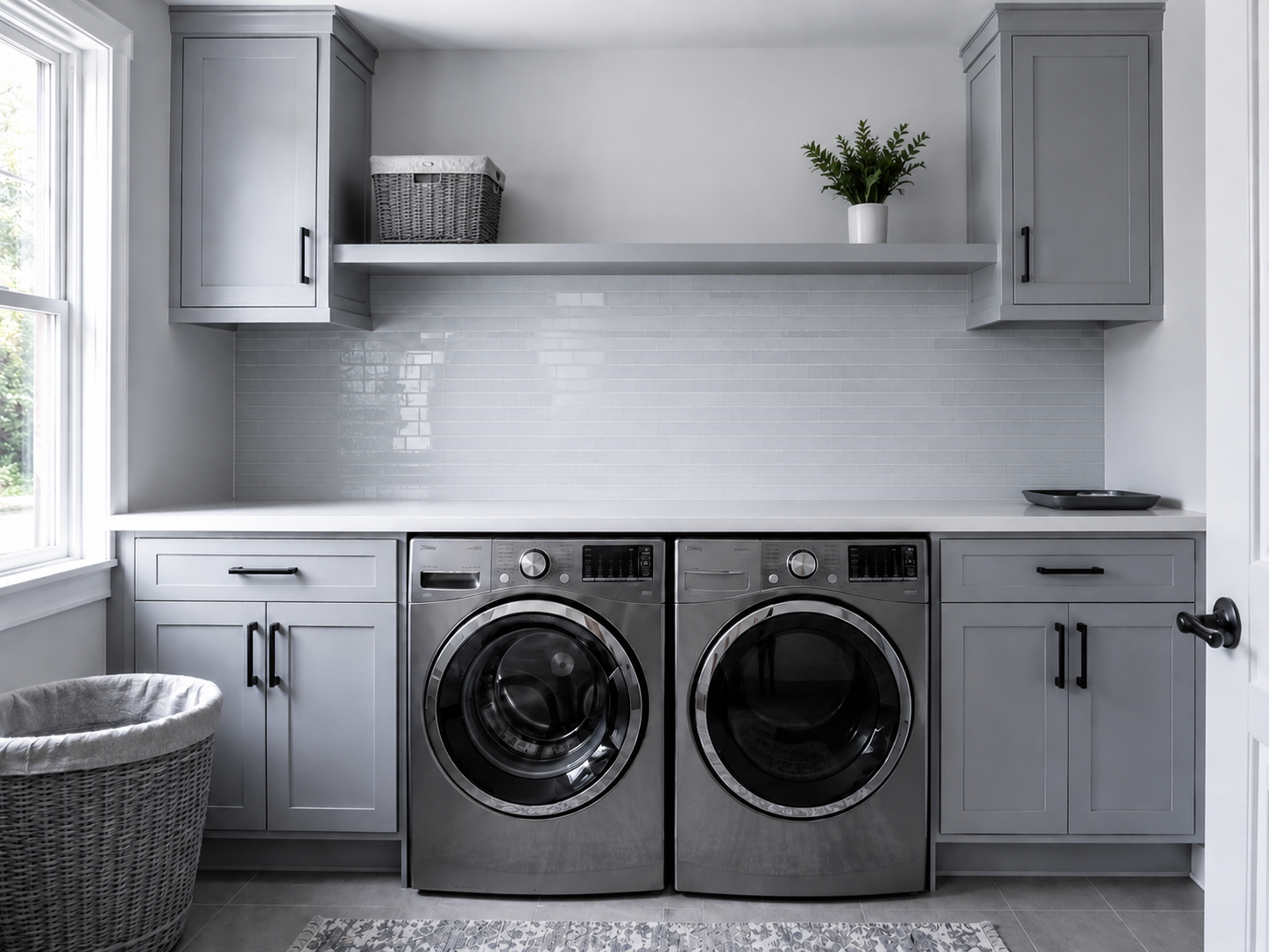 Edited laundry room with a mostly clear folding counter and only a few accessories placed in spare zones.
