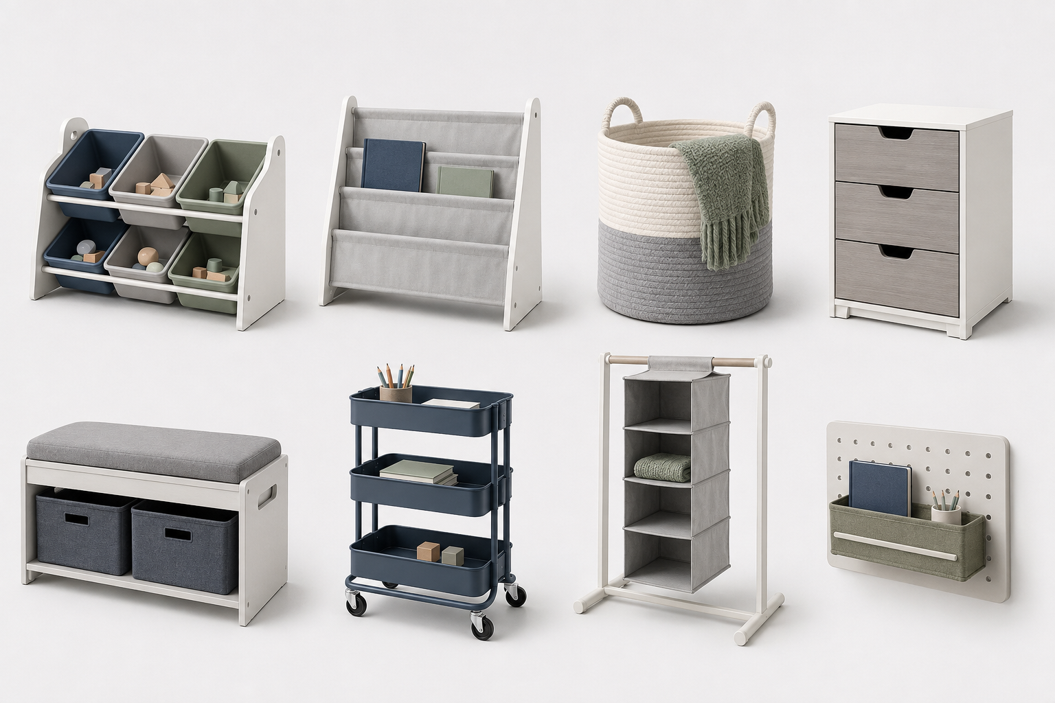 Kids Room Storage - Ravnora Decor Eight kids room storage forms including bins, book storage, basket, drawers, bench, cart, closet organizer and wall storage.