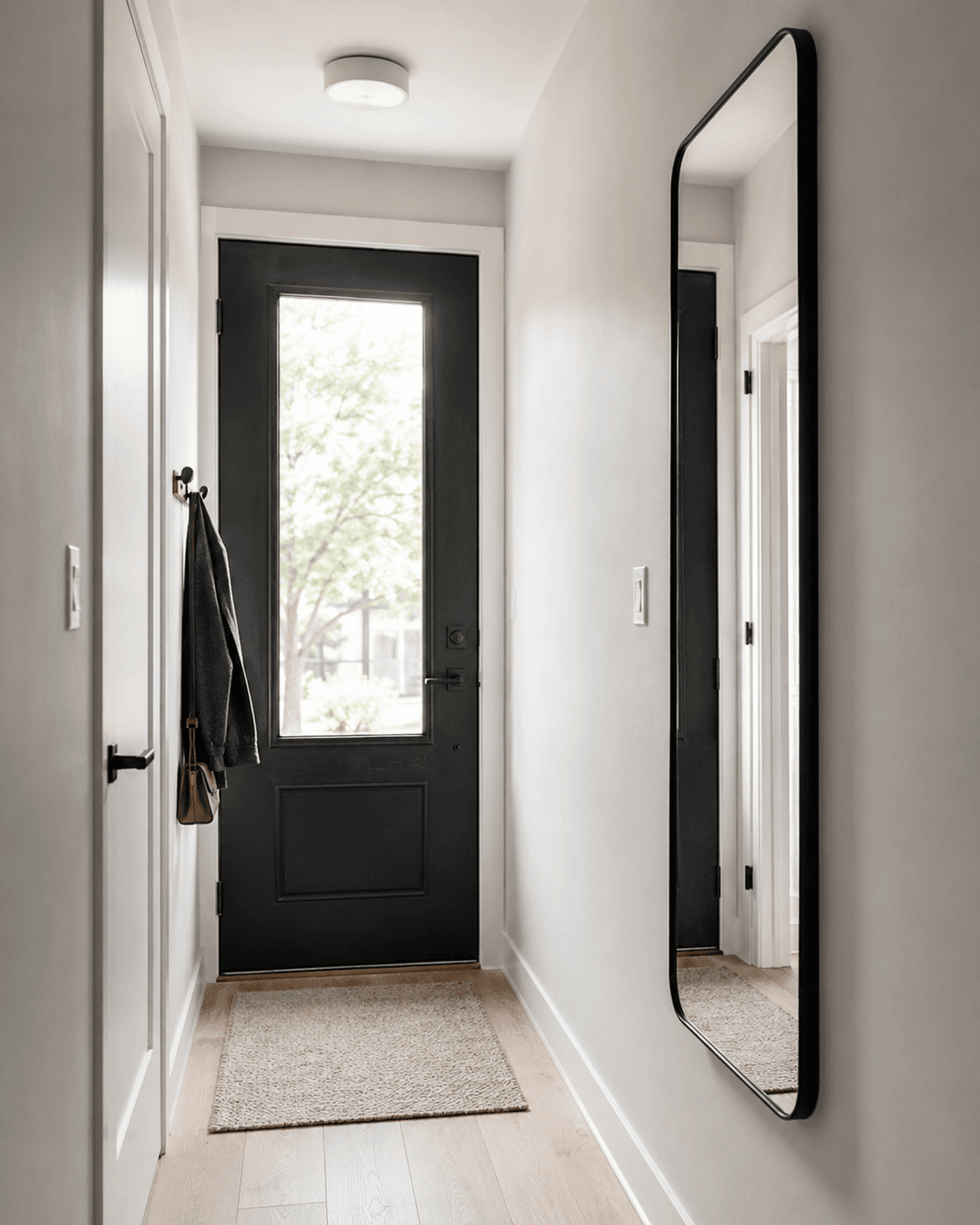Entryway Mirrors - Ravnora Decor Narrow modern entryway with slim black full-length wall mirror and clear floor