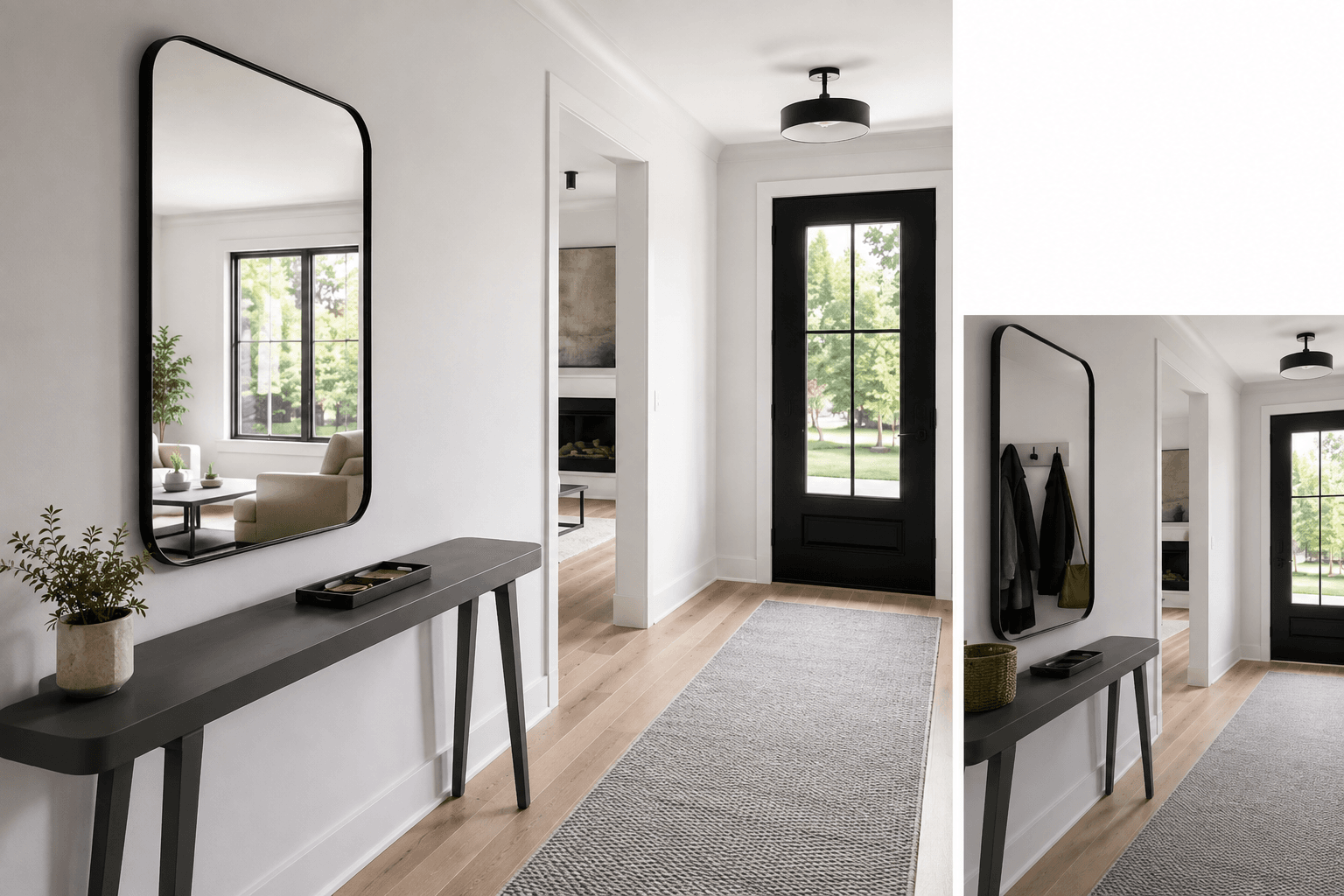 Entryway Mirrors - Ravnora Decor Entryway mirror comparison showing a calm reflected room versus a cluttered sightline