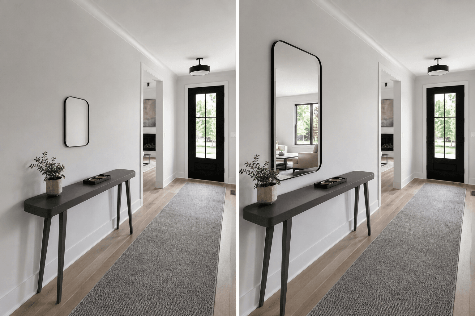 Entryway Mirrors - Ravnora Decor Same entryway comparing an undersized wall mirror with a properly scaled mirror above a console