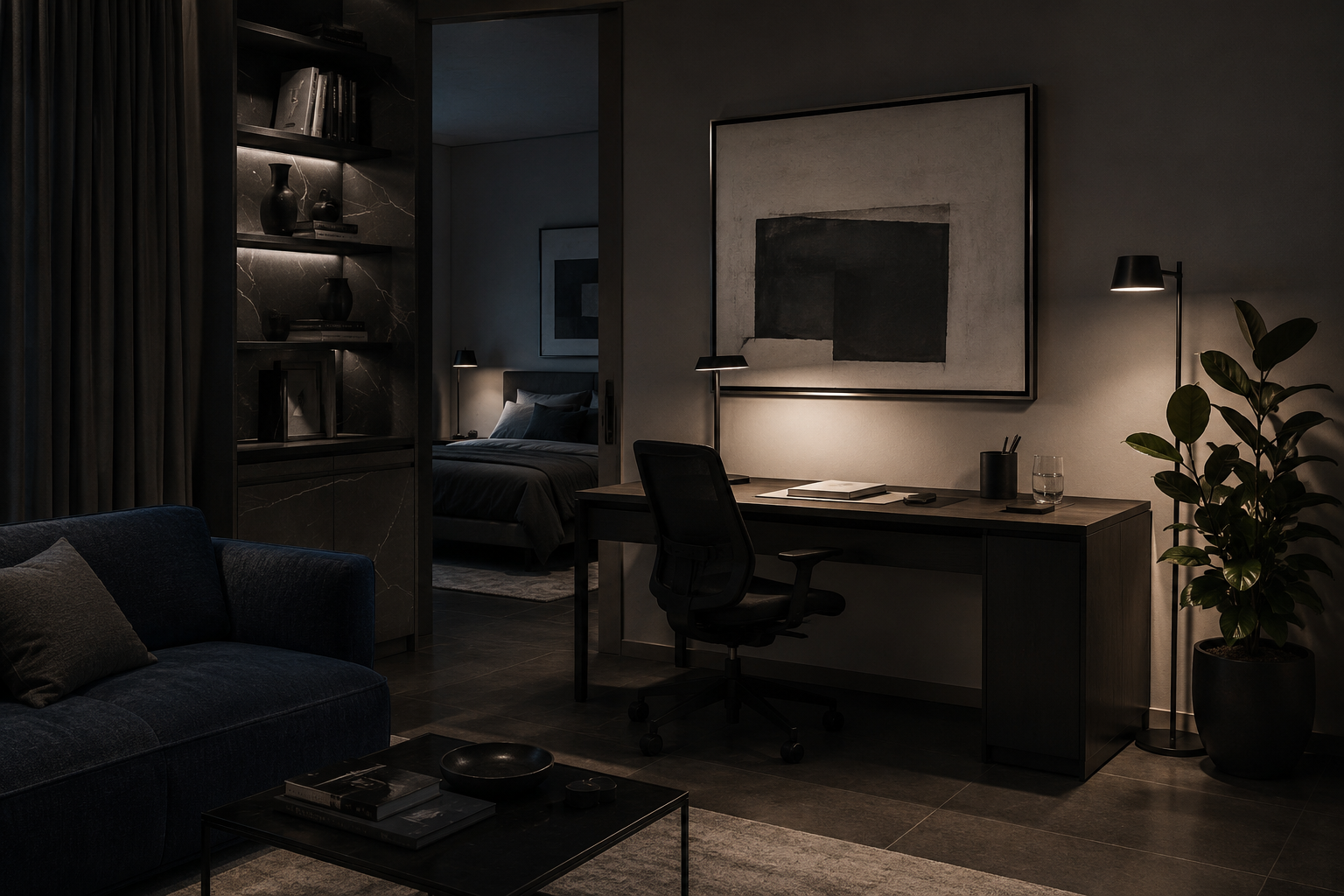 Evening home office with focused task light and softer room illumination