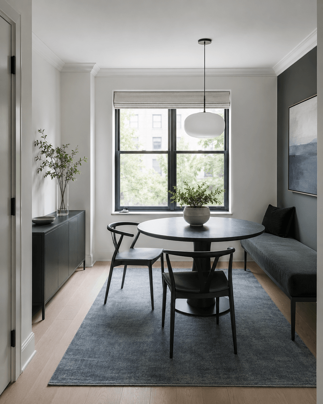 Contemporary compact dining nook with a round table, streamlined seating and a cool-toned rug