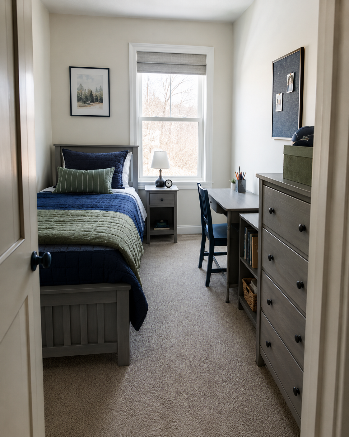 Small everyday kids room with a bed, clothes storage, desk and books arranged around a useful open route.