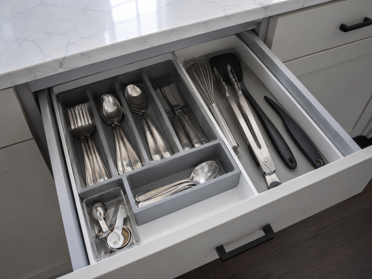 Organized kitchen utensil drawer with separate zones for flatware, long cooking tools and small measuring accessories