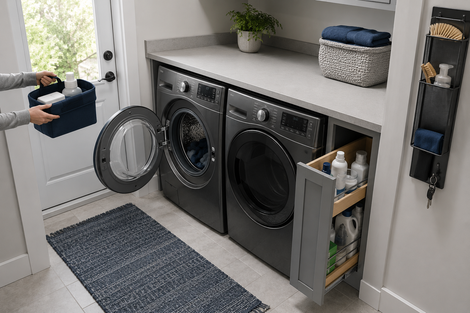 Laundry fit check with an appliance door and organizer open simultaneously while controls and the work surface remain accessible.