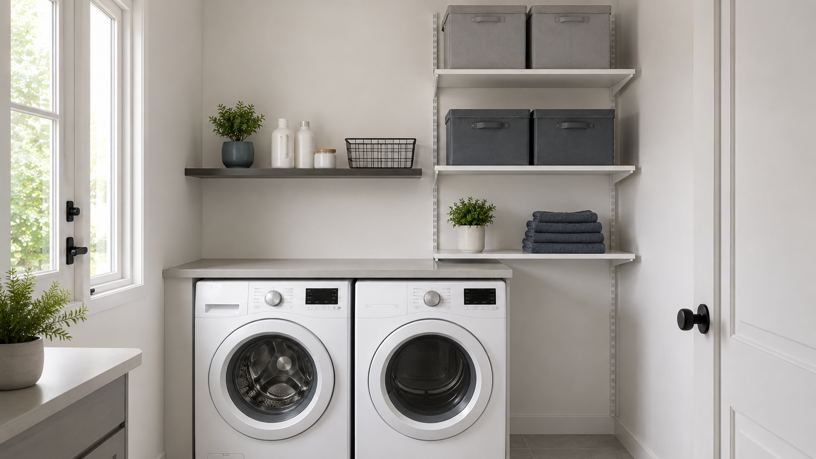 Finished modern laundry room combining reachable floating shelves, adjustable shelving and contained storage.