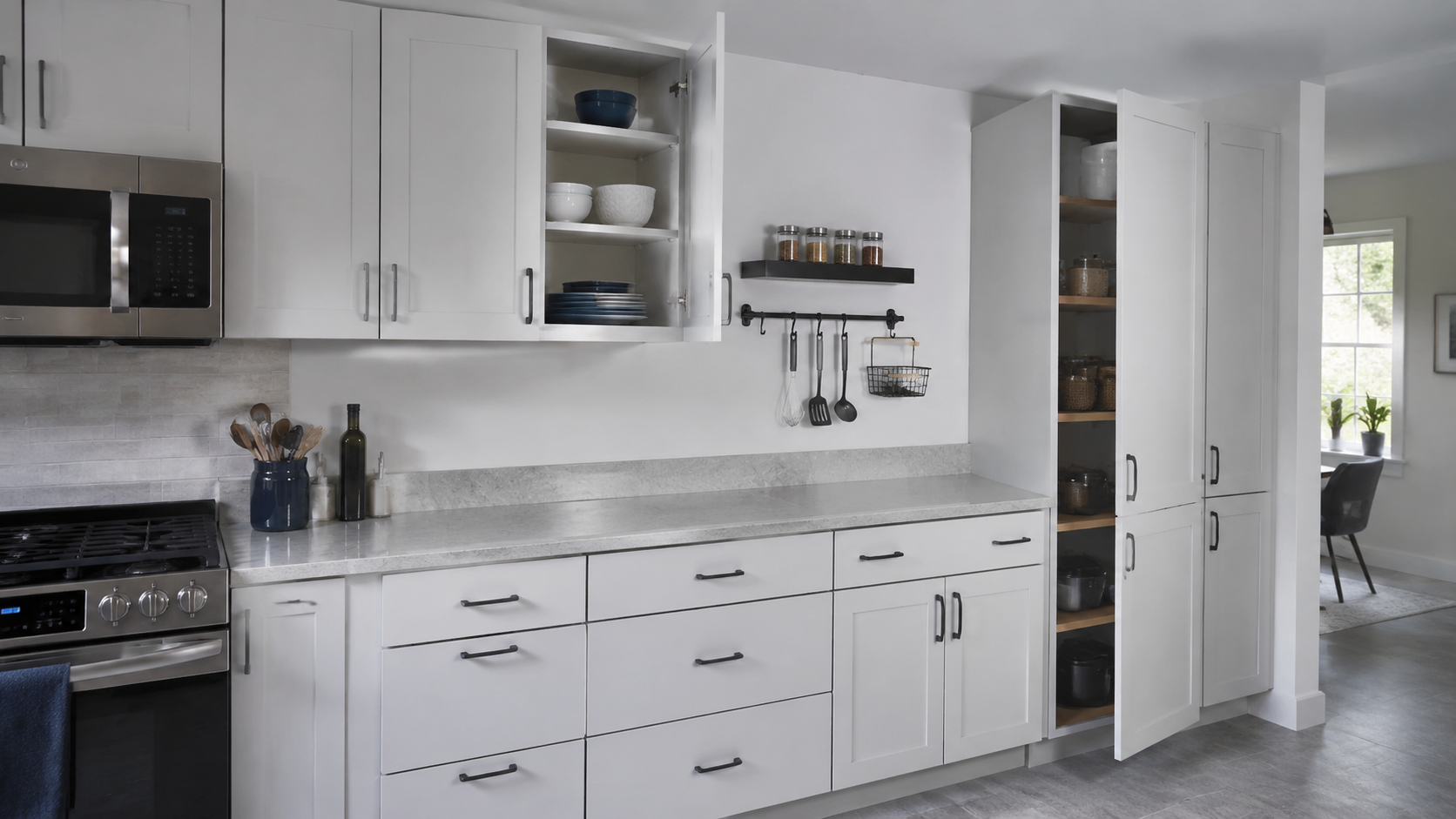 Finished kitchen wall-storage setup shown with cabinet and tall cabinet doors open to verify clearance