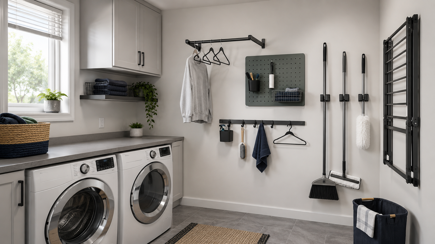 Laundry Wall Organization - Ravnora Decor Finished contemporary laundry room combining hanging, clipped cleaning tools, utility rail and modular board organization around clear appliances.