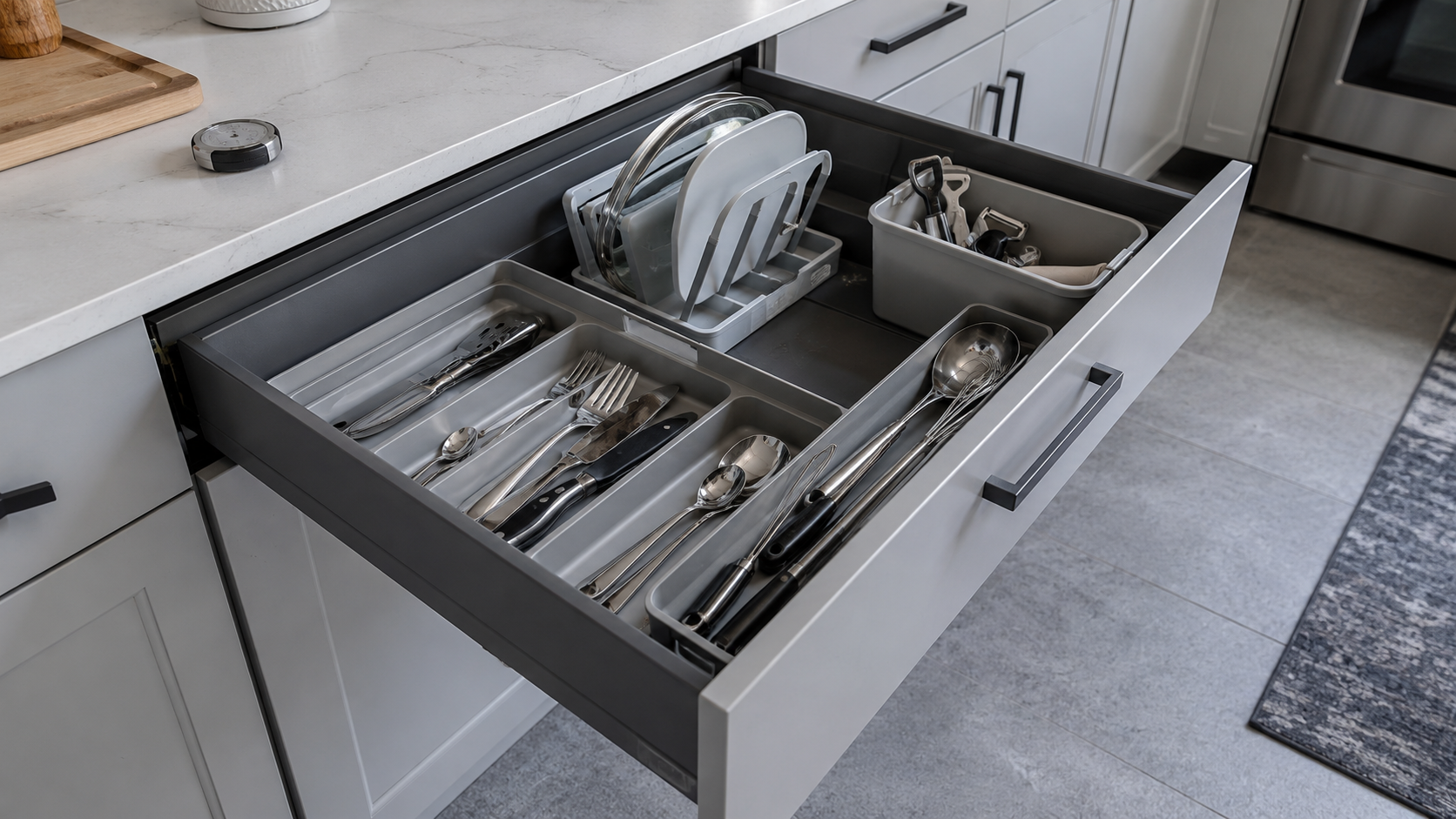 Open kitchen drawer showing organizer width, depth, usable height and long-tool fit relationships