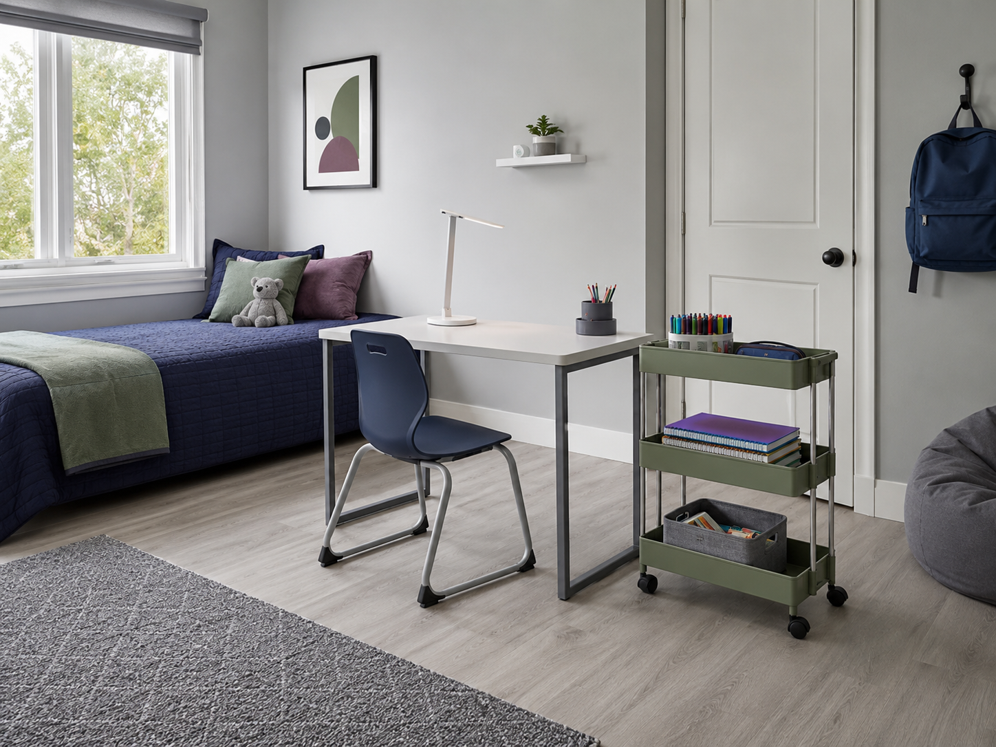 Flexible kids homework station with a compact desk, portable task lamp and slim rolling supply cart.