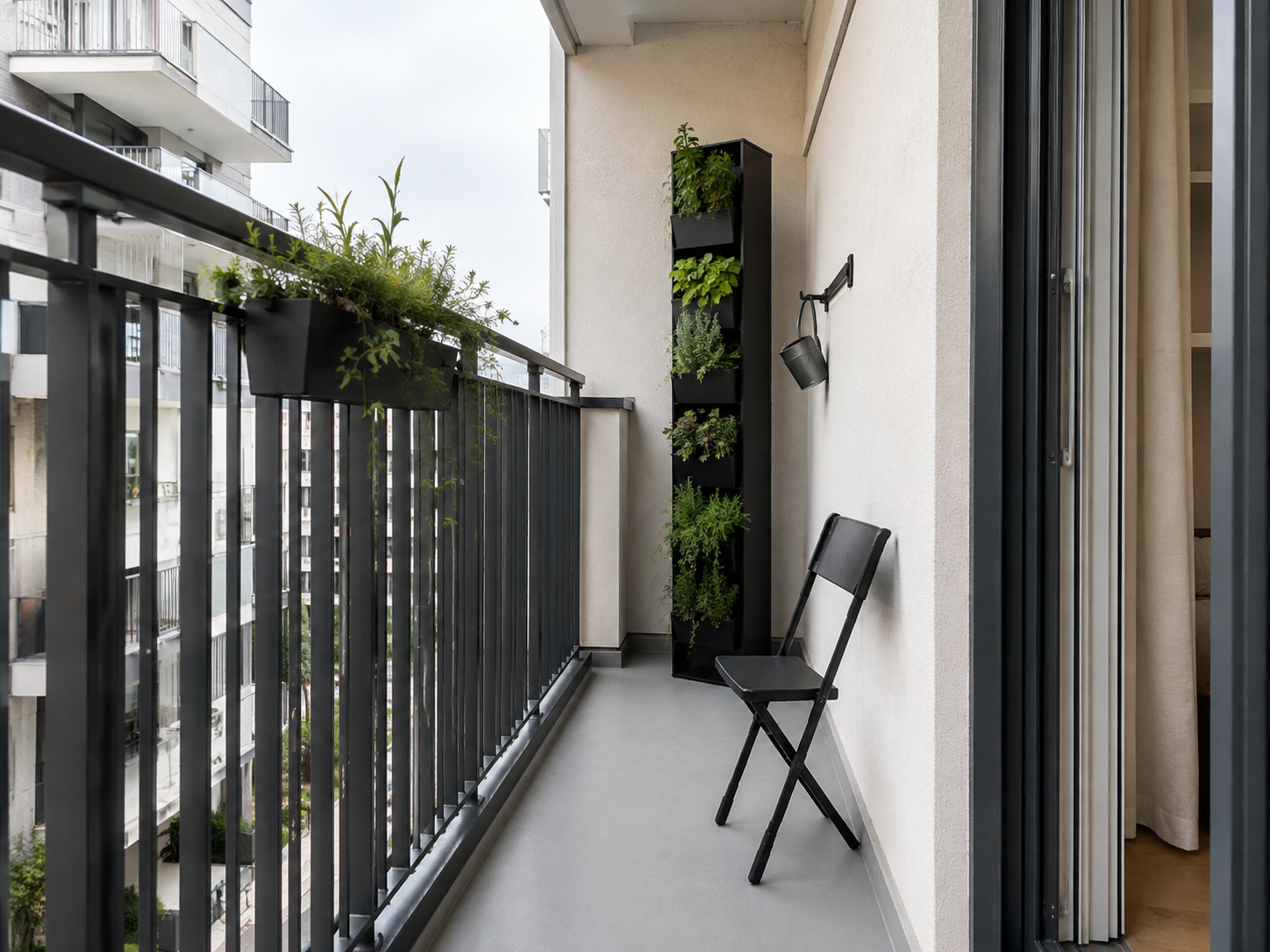 Small Balcony Solutions - Ravnora Decor Compact balcony with vertical planting and one folding seat while the central floor remains clear.