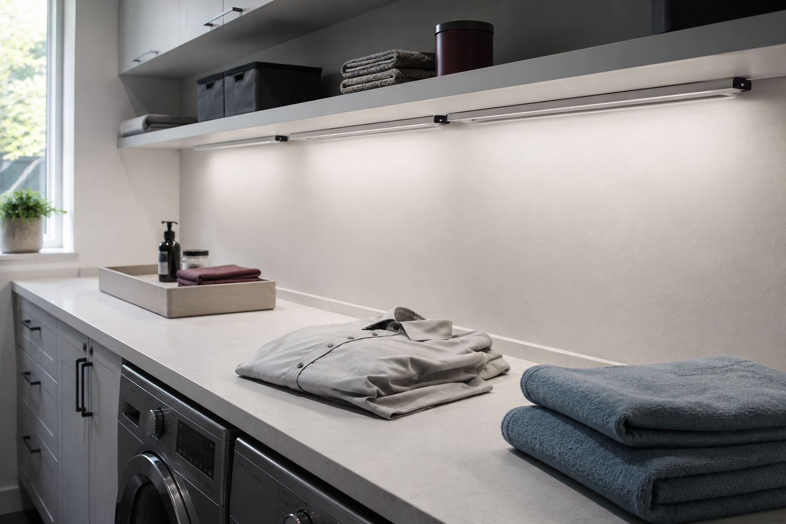 Laundry Lighting - Ravnora Decor Long laundry folding counter evenly illuminated by a slim under-shelf task-light system.