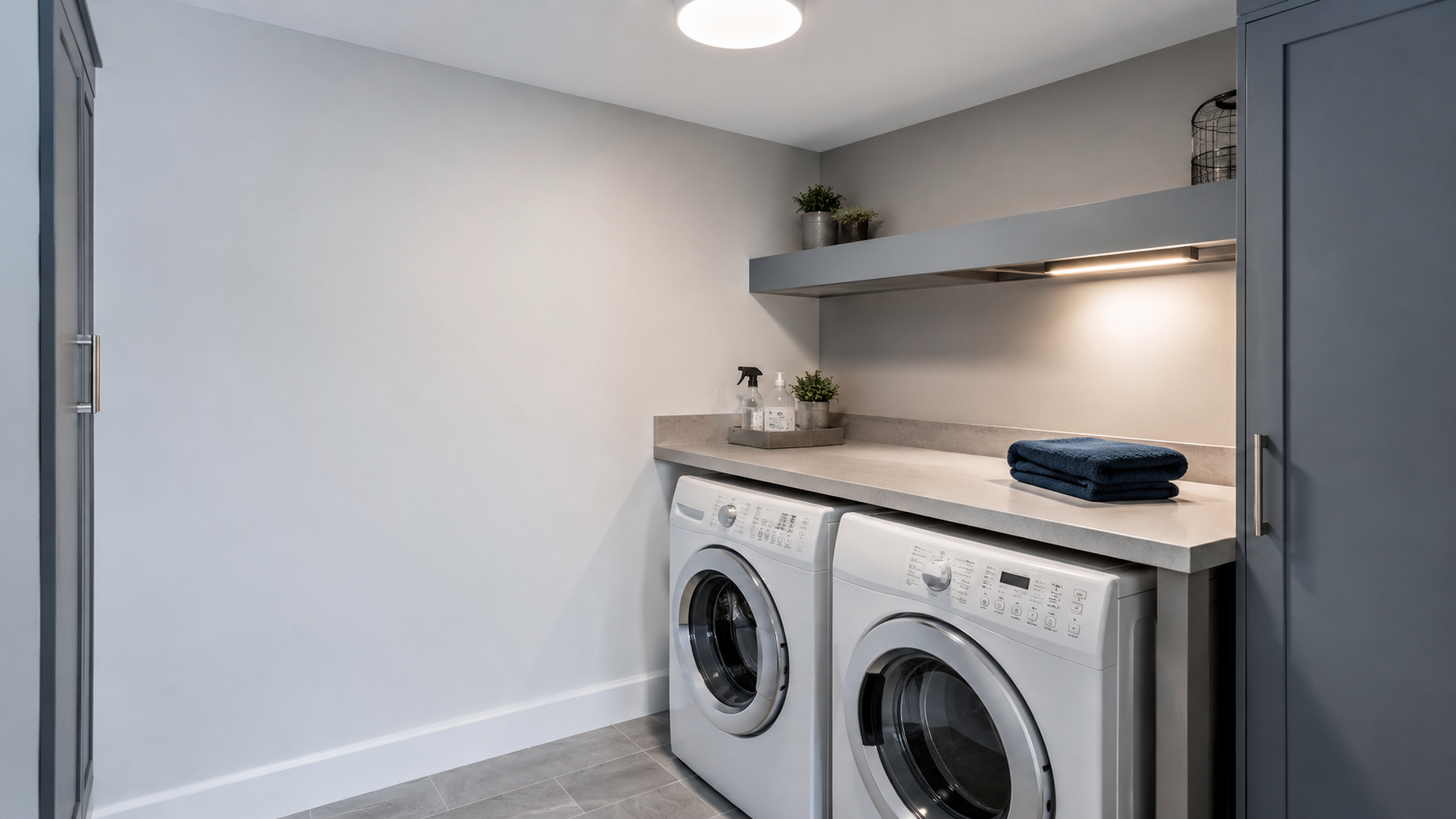 Laundry Lighting - Ravnora Decor Contemporary laundry room showing a shelf shadow over the folding counter and targeted task lighting.