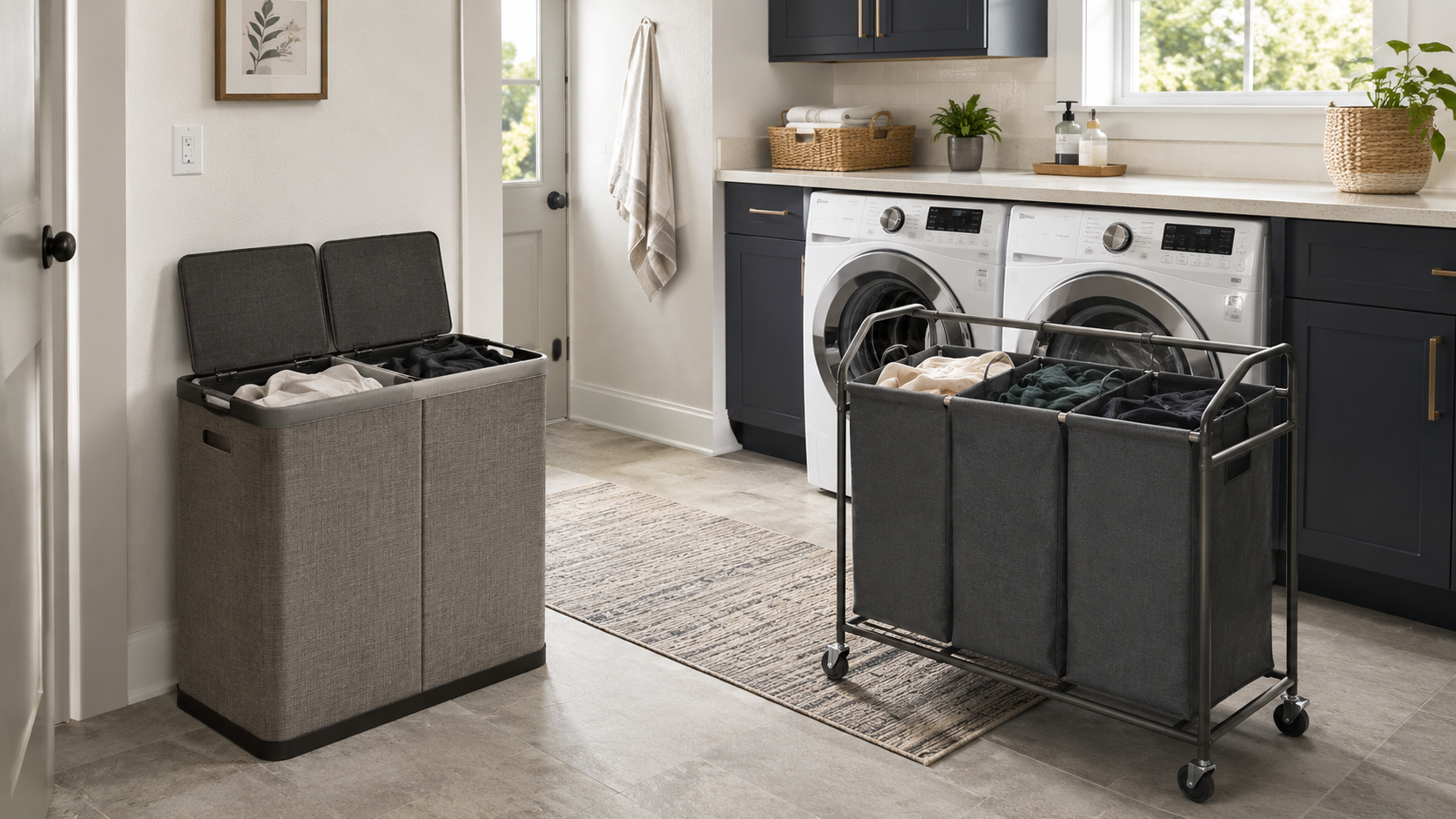 Laundry Hampers - Ravnora Decor Double collection hamper and rolling three-section sorter positioned near a washer and dryer for a two-stage family laundry routine.
