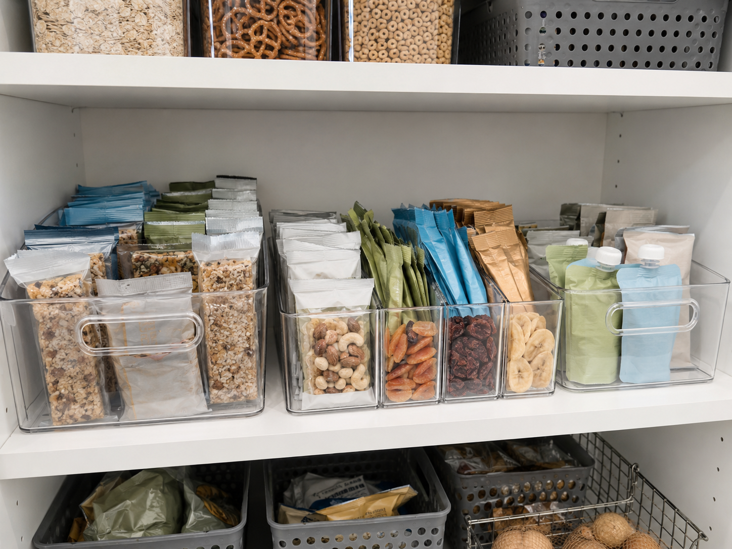 Kitchen Pantry Organization - Ravnora Decor Family pantry snack shelf using clear divided bins and packet organizers to separate grab-and-go food from refills.