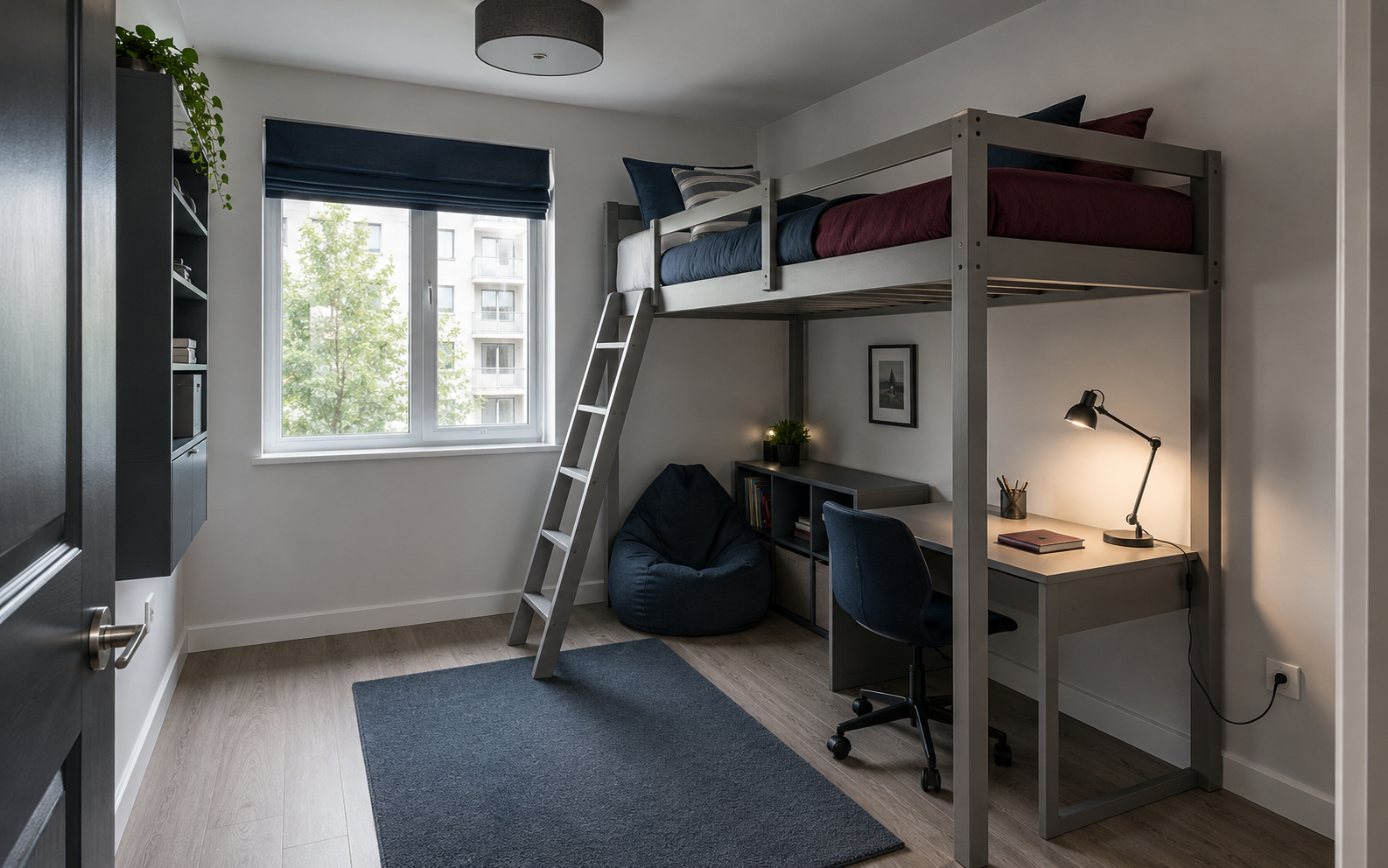 Small kids room showing the clearances to verify around the doorway, elevated bed, storage, open floor and study zone.