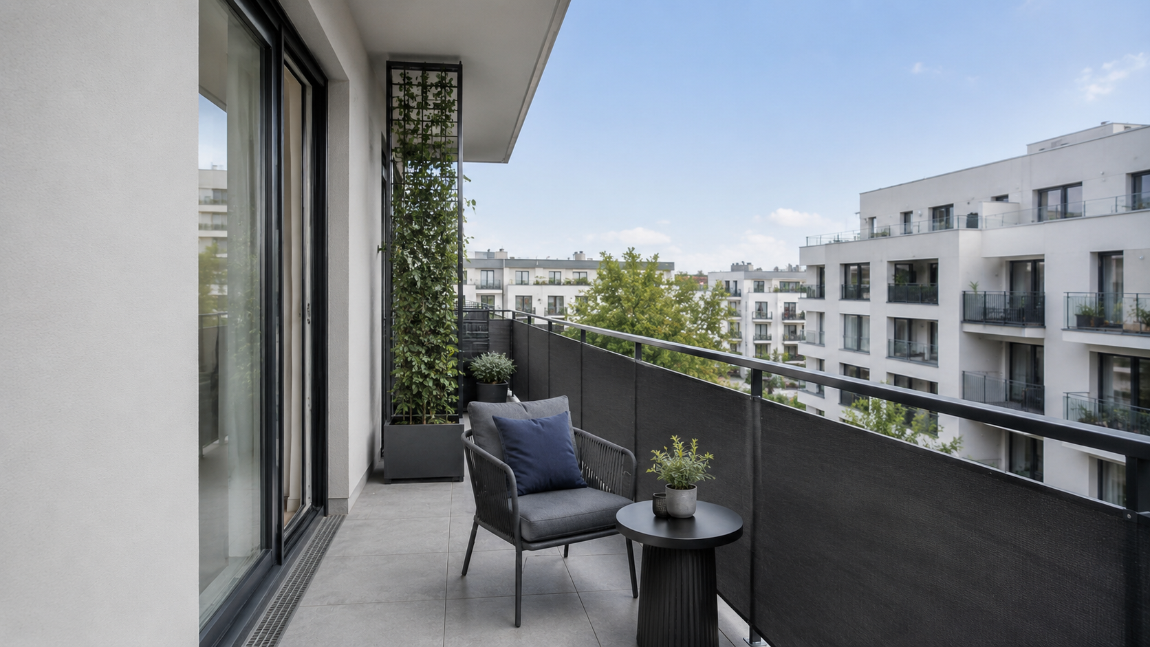 Finished urban balcony with charcoal railing privacy, a green side boundary, compact seating and open daylight above.