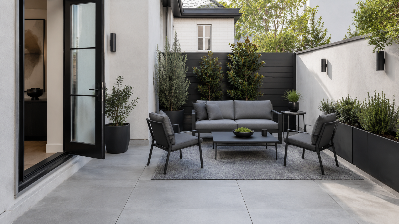 Patio Furniture - Ravnora Decor Complete contemporary patio lounge with coordinated furniture, planters and a clear walking route from the exterior door around the seating.