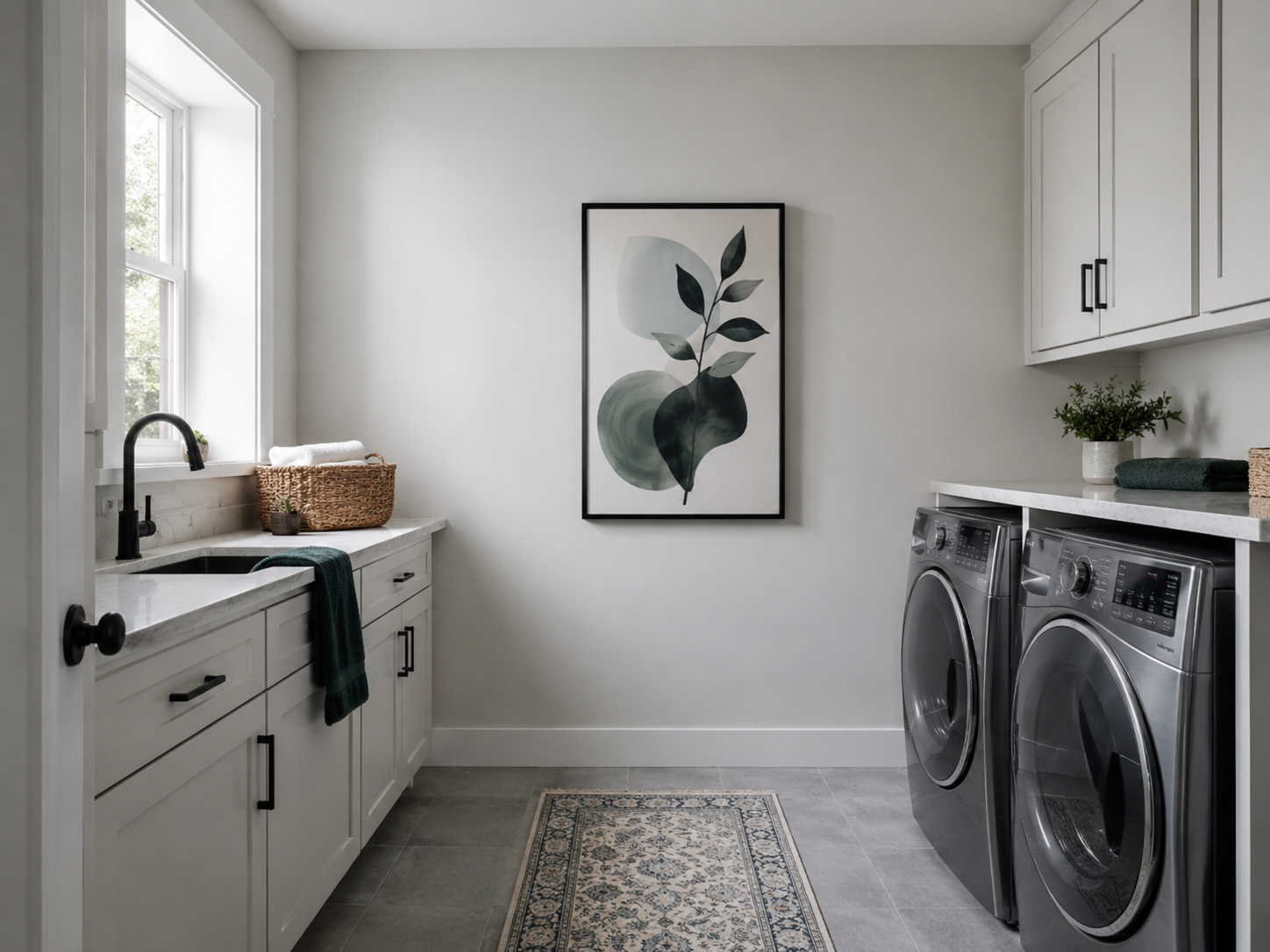 Minimal black-framed artwork decorating an unused laundry-room wall away from utility equipment.