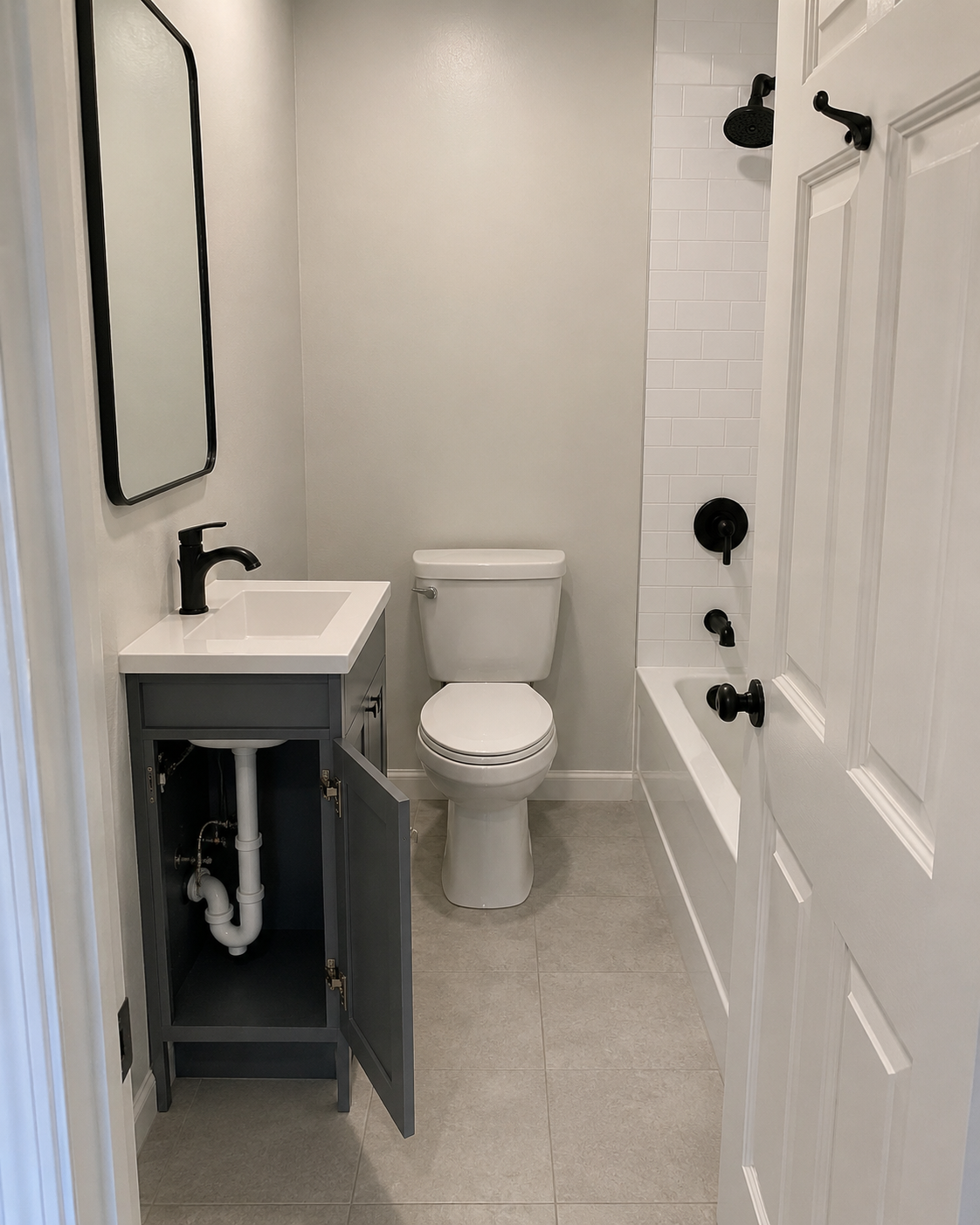 Compact bathroom showing six locations where space-saving storage can fit