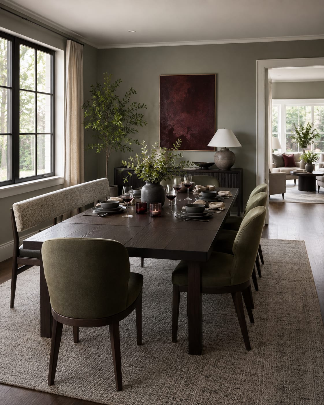 Extended rectangular dining table with olive chairs, an upholstered bench and room to circulate.