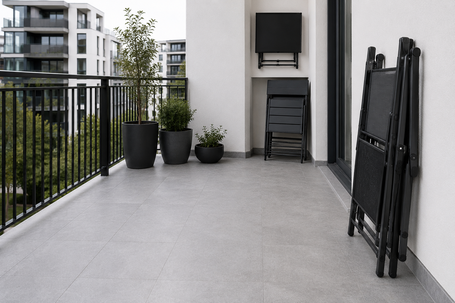 Patio Furniture - Ravnora Decor Folding and compact outdoor chairs stored neatly against the edge of a modern balcony, leaving most of the floor clear.