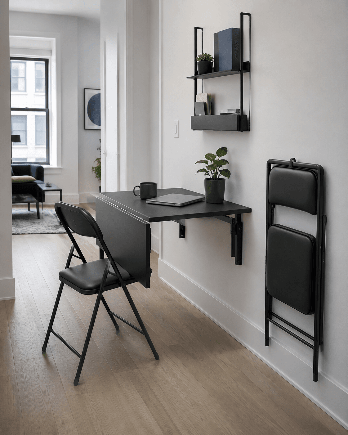 Modern small dining area using fold-away furniture to recover floor space