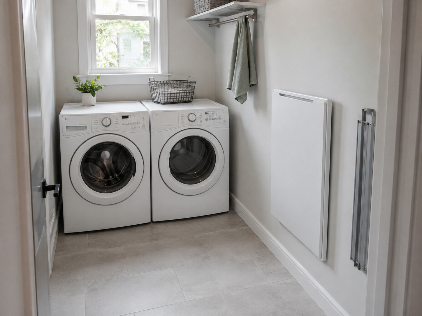 Small laundry room with a wall-mounted folding surface closed flat against the wall.