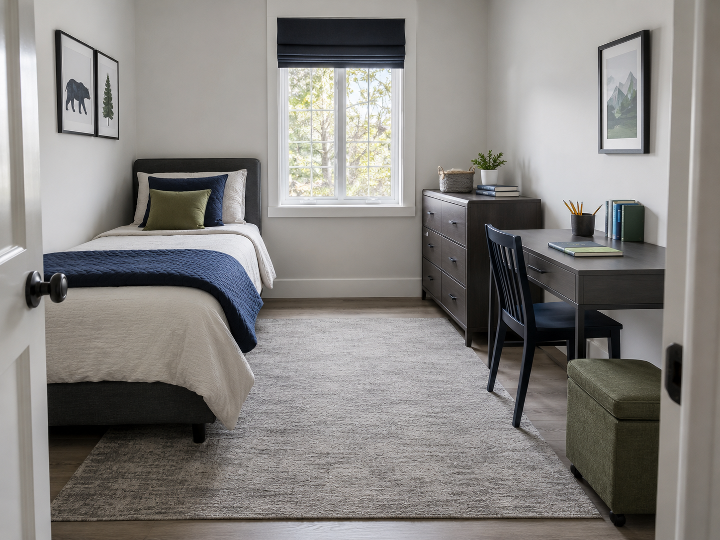Kids room with a bed, dresser, compact desk and flexible ottoman arranged around a clear central floor route.