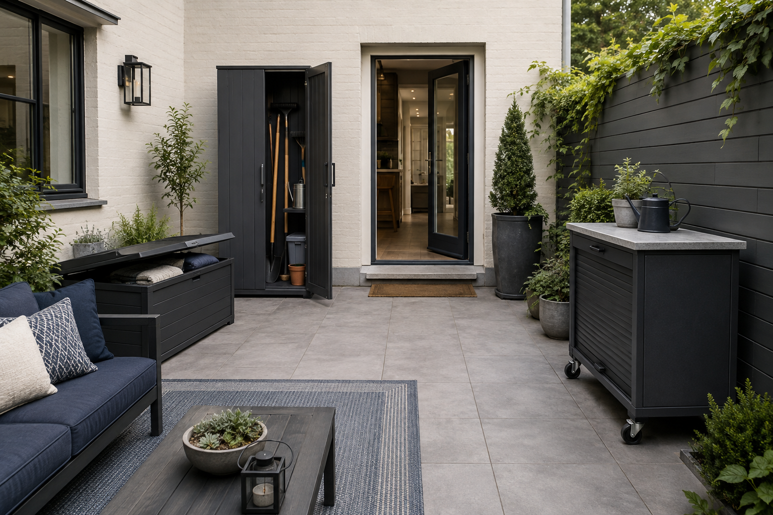Contemporary patio showing low deck-box, tall-cabinet and rolling-storage footprints around a clear central walking route.