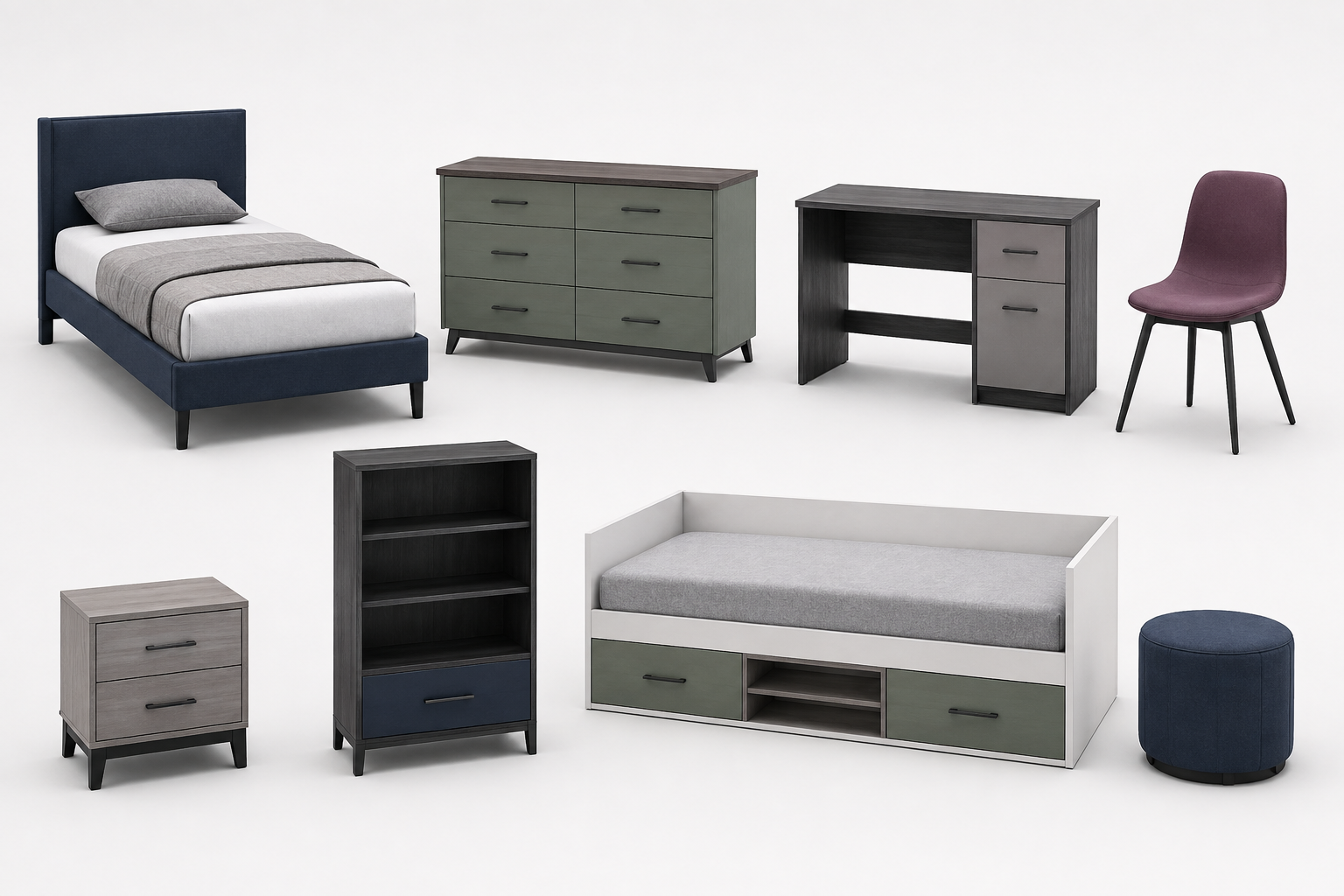 Eight kids-room furniture families: bed, dresser, desk, chair, nightstand, bookcase, multifunction storage furniture and ottoman.