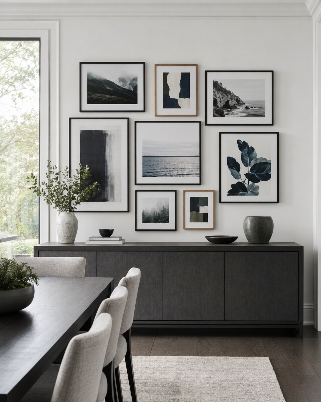 Contemporary dining-room gallery wall with disciplined spacing and cool-toned artwork