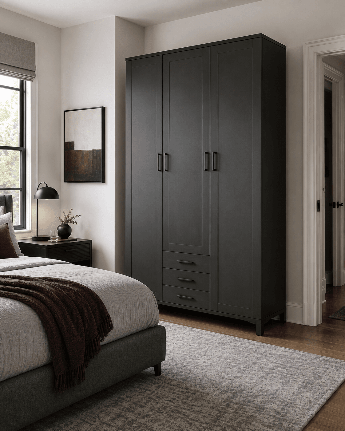 Tall wardrobe using vertical bedroom space.