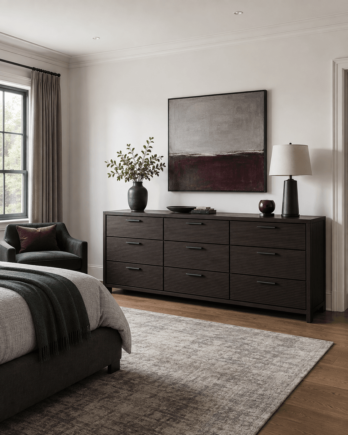 Wide dresser using horizontal bedroom wall space.