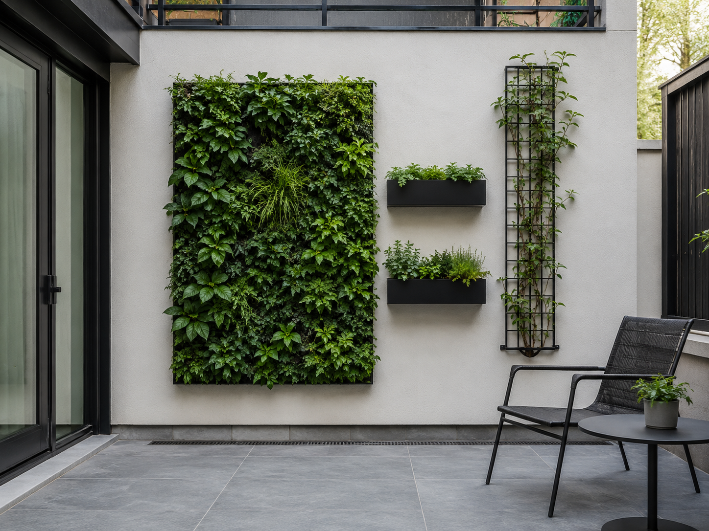 Compact patio with a vertical green wall, wall-mounted planters, trellis, and clear floor space.