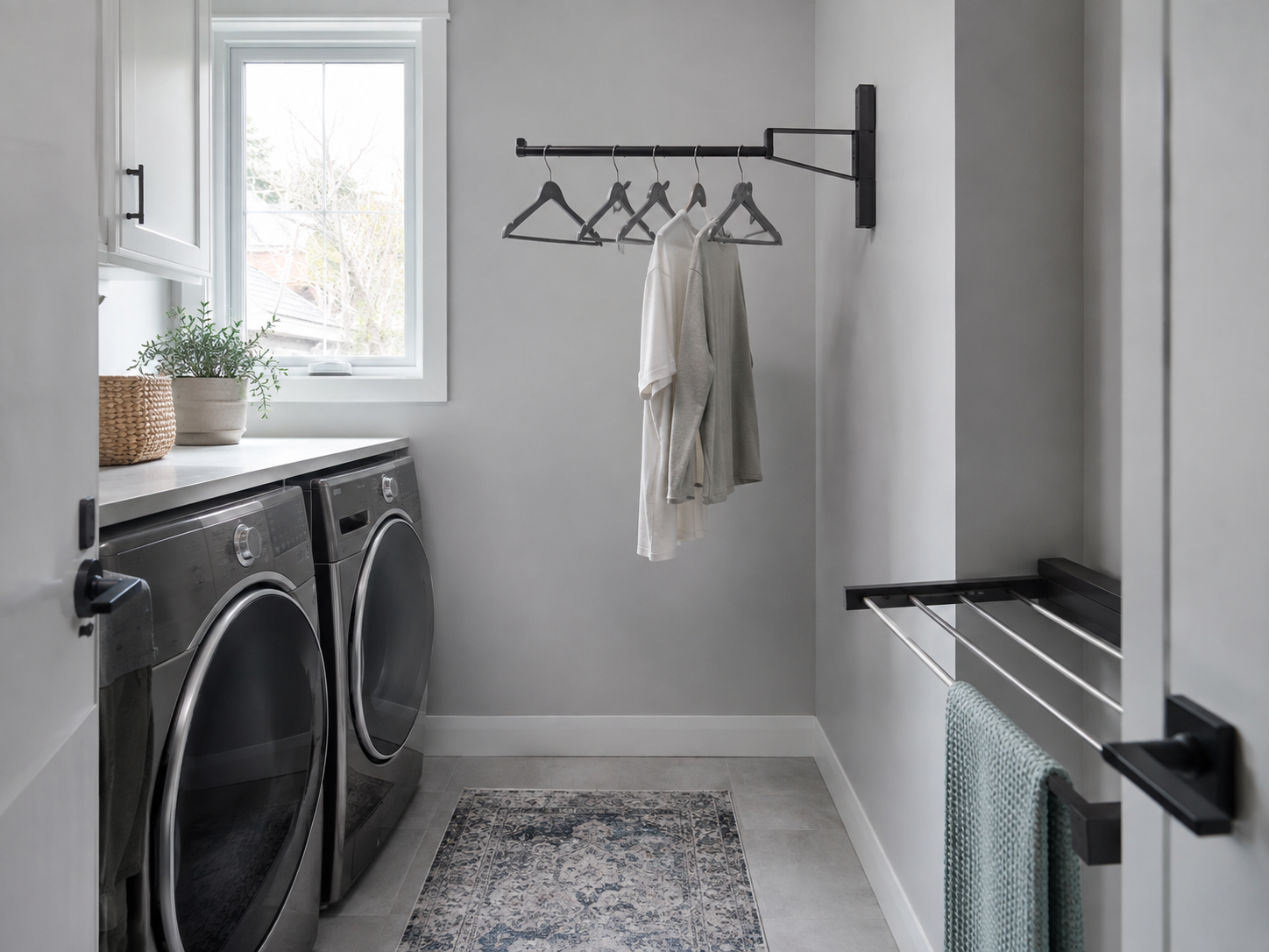 Laundry Wall Organization - Ravnora Decor Wall-mounted laundry hanging area keeping empty hangers and temporary garments off the washer and floor.