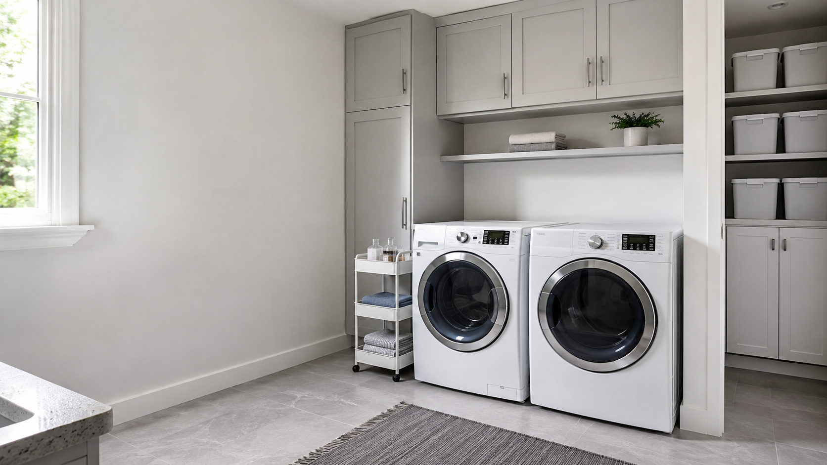 Contemporary compact laundry room with clear washer and dryer tops, slim daily-use storage and closed cabinets for reserve supplies.