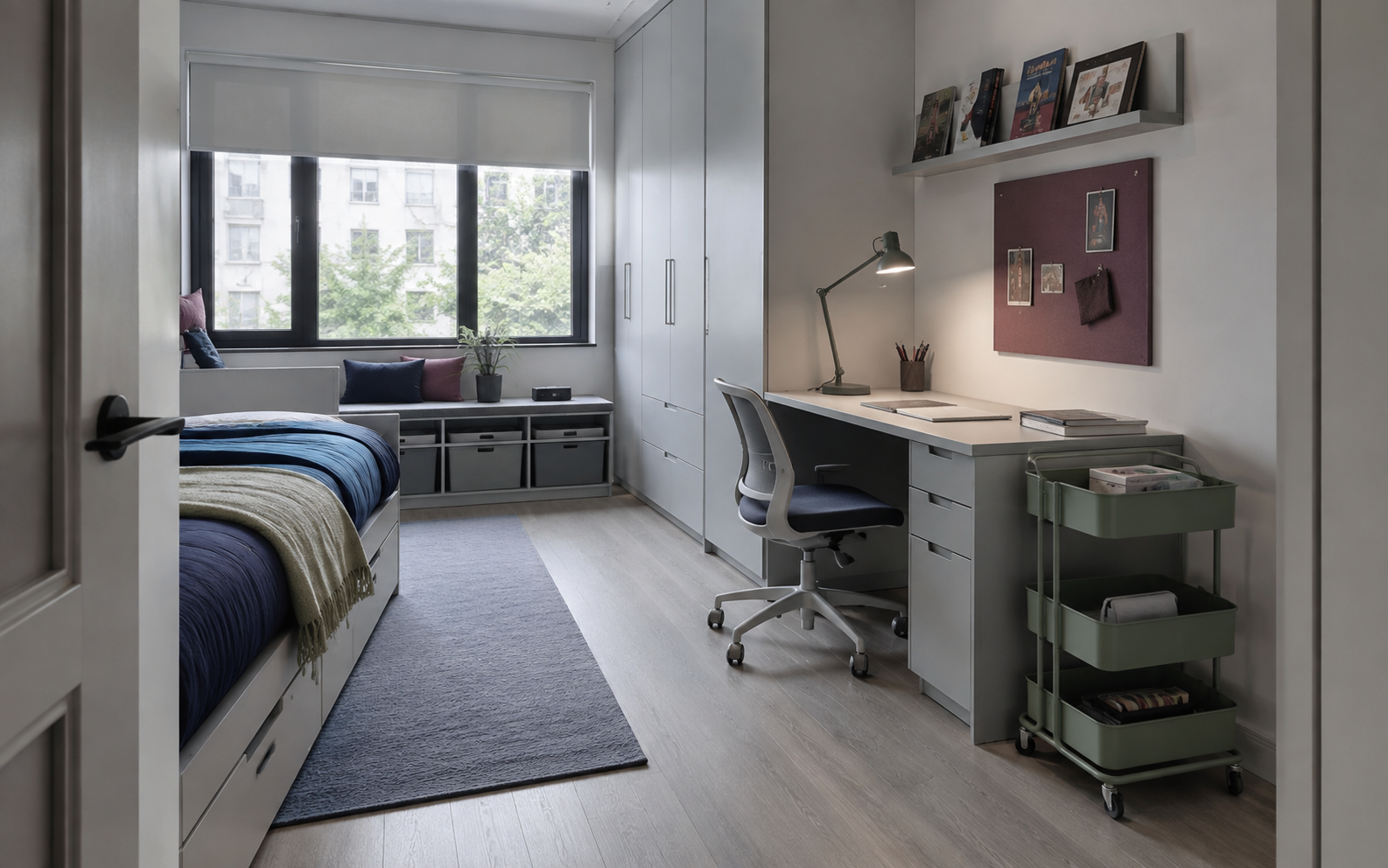 Compact kids bedroom with a study desk, chair, task lamp, rolling cart and wall storage arranged without crowding the floor.