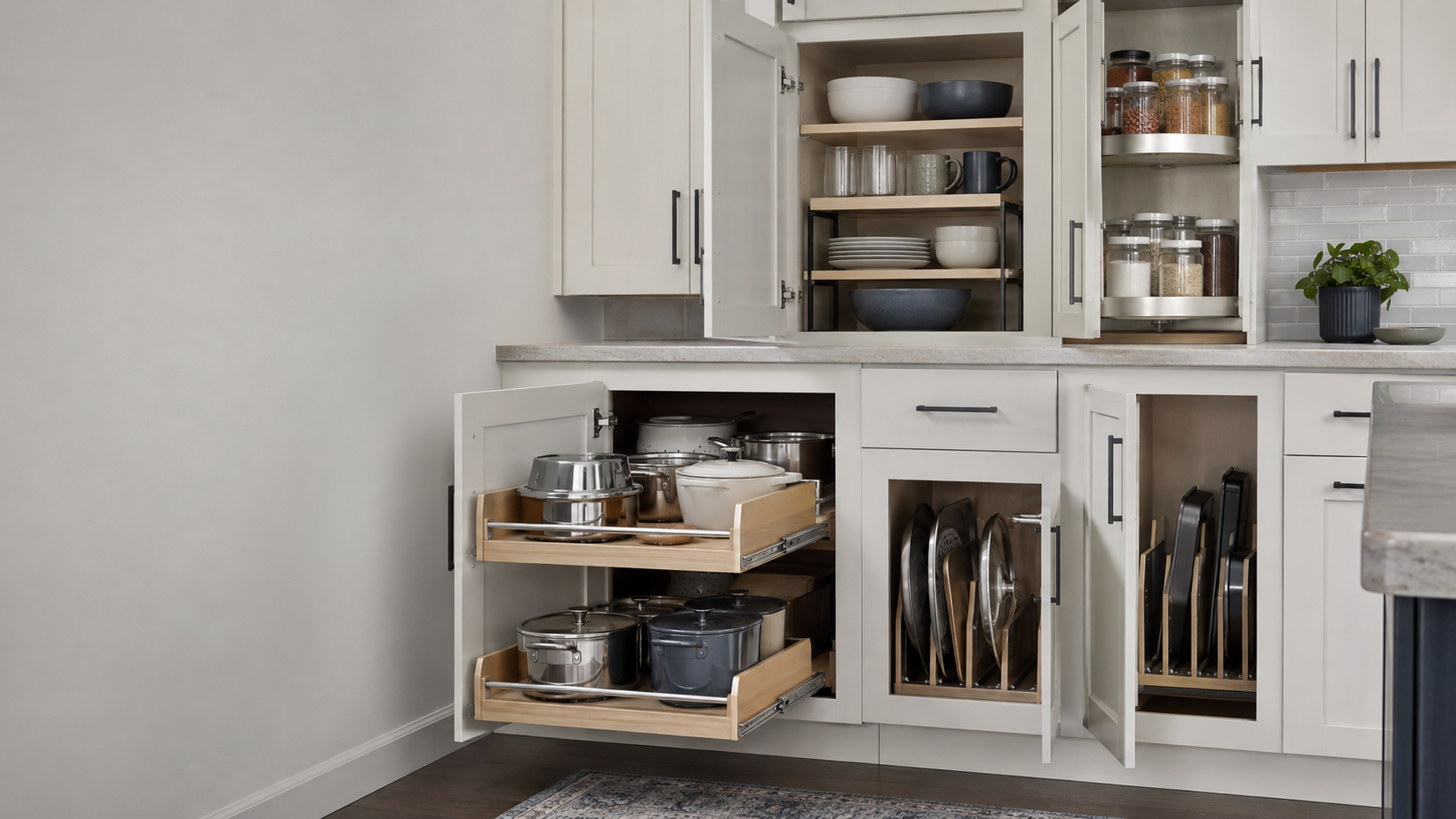 Kitchen Cabinet Organization - Ravnora Decor Contemporary kitchen with open cabinets showing pull-out access, shelf-height organization, rotating storage and separated cookware.