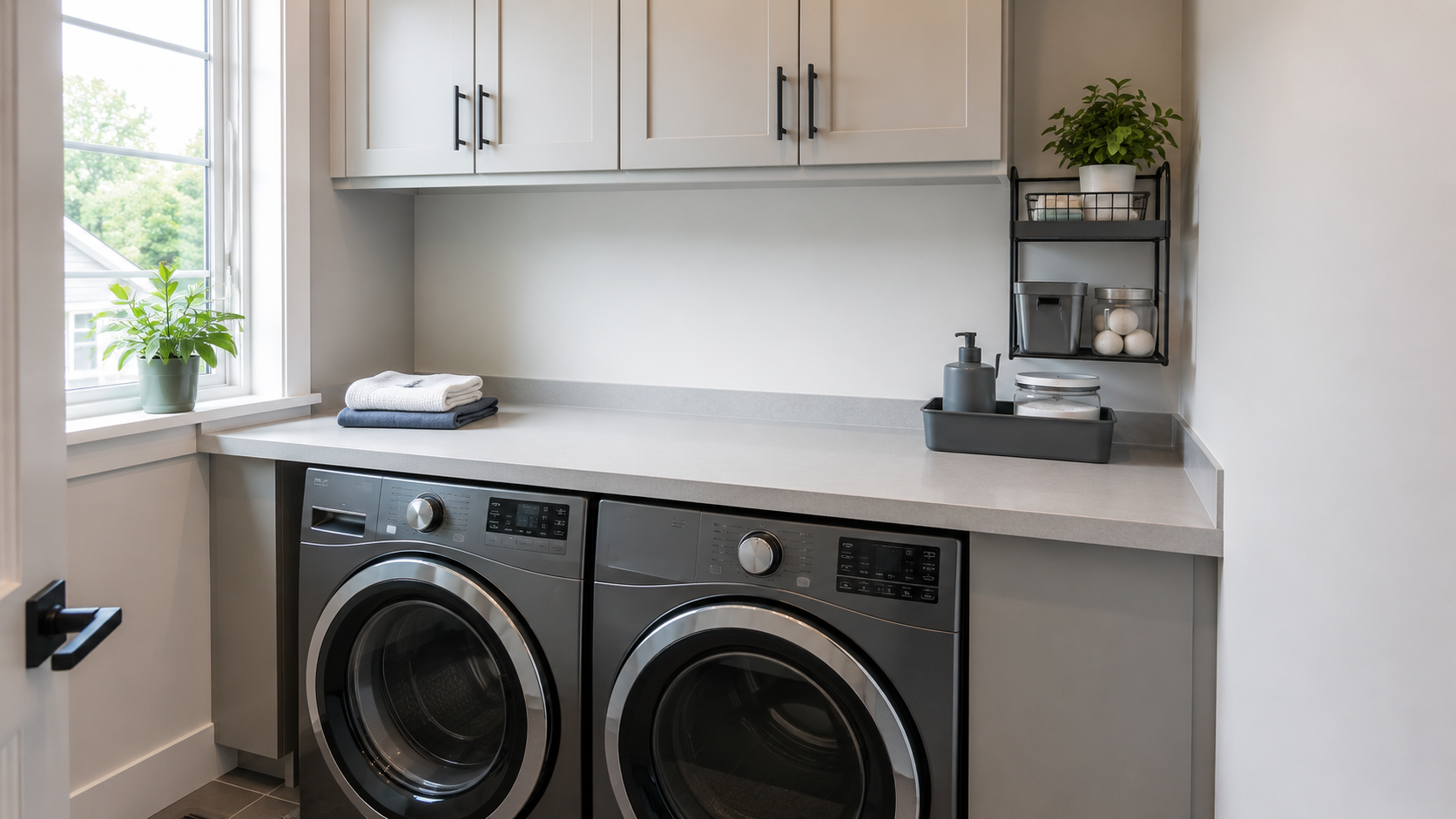 Contemporary laundry counter with daily supplies grouped at one edge while the central folding surface remains clear.
