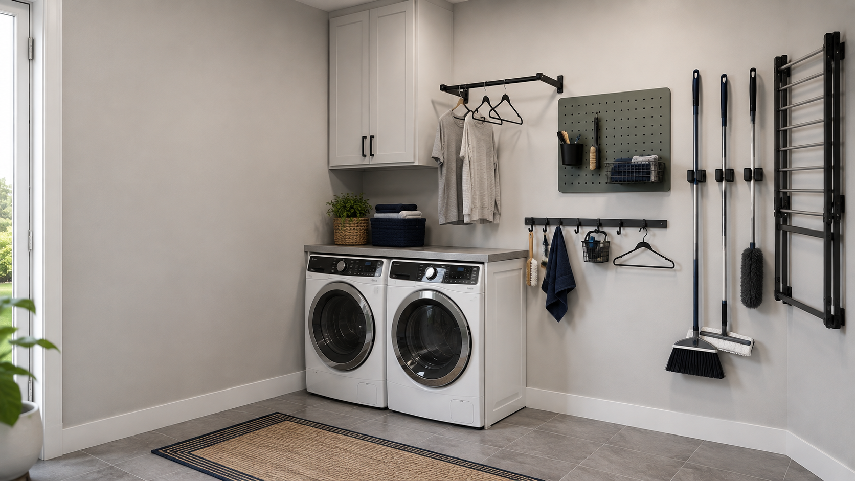 Laundry Wall Organization - Ravnora Decor Contemporary laundry wall organization with utility rail, vertical cleaning-tool storage and fold-away functions keeping appliance tops and floor clear.