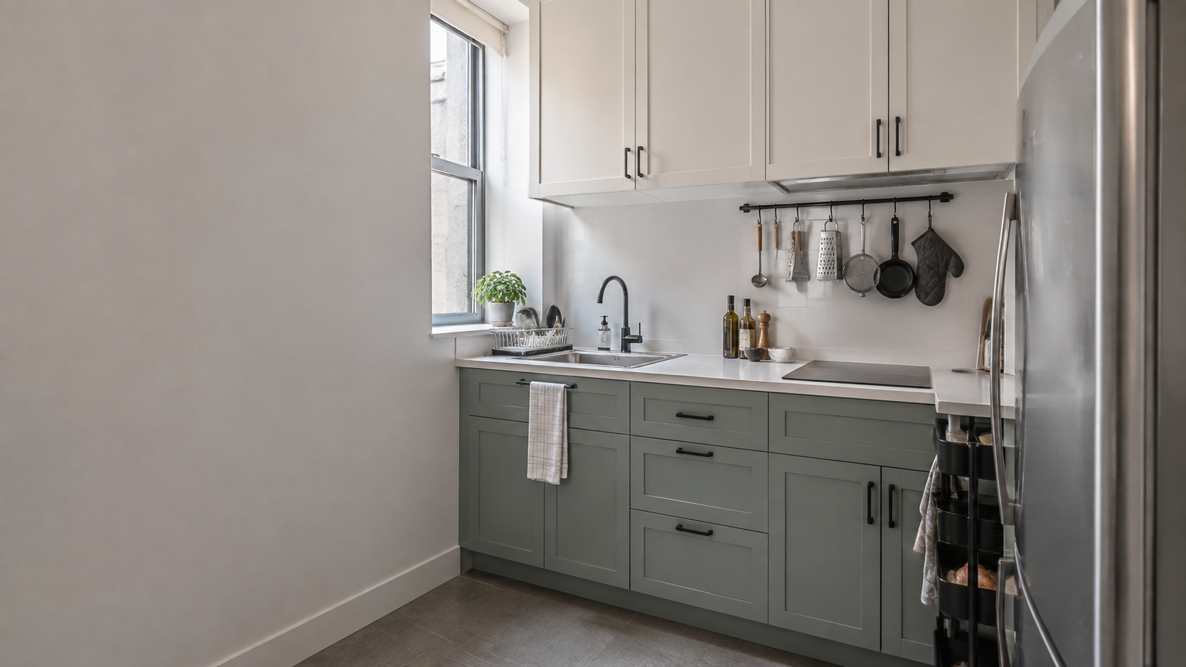 Compact contemporary kitchen with clear prep space and small-space storage opportunities