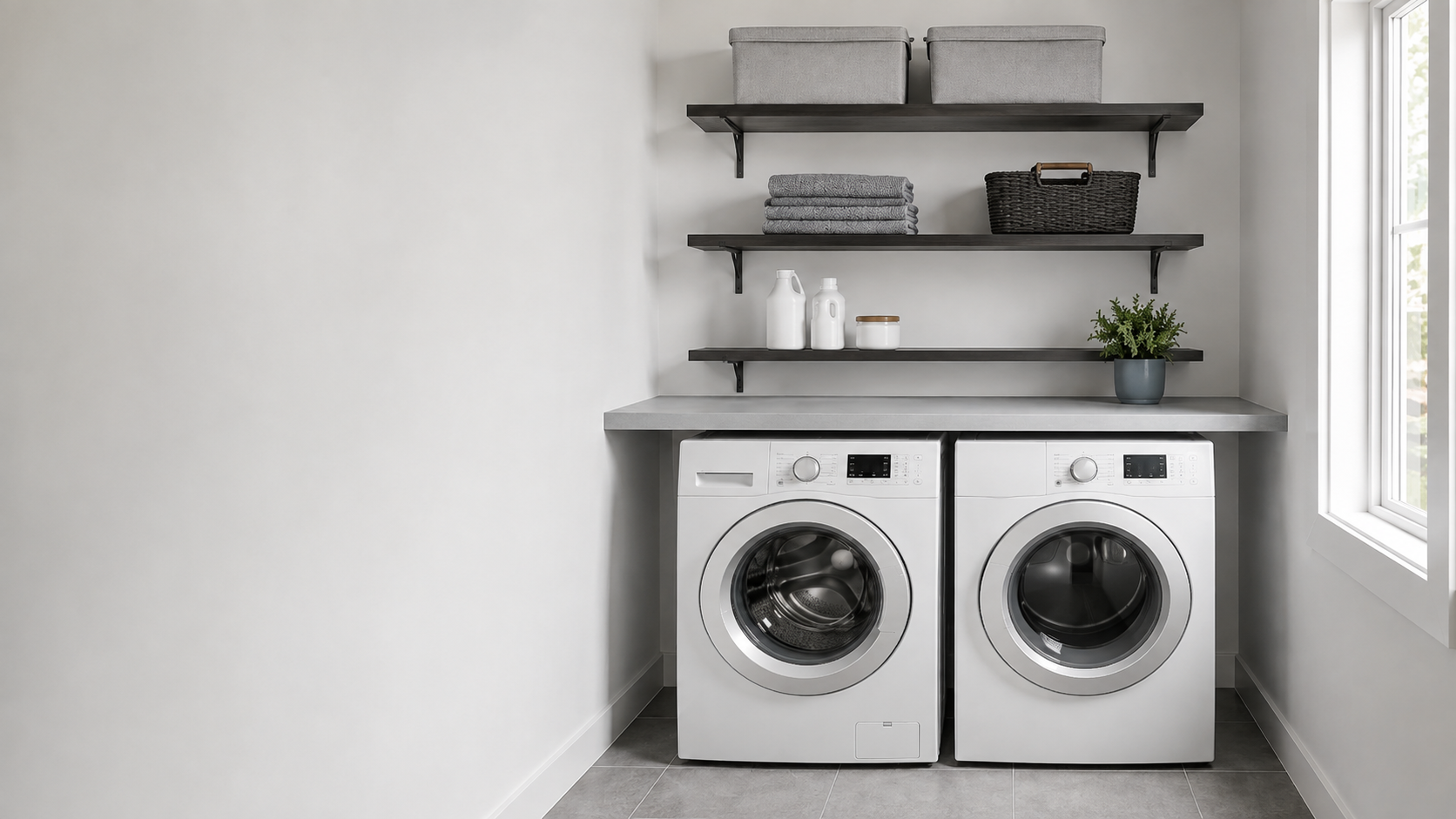 Modern laundry room with reachable everyday shelves and higher reserve shelving above front-loading appliances.