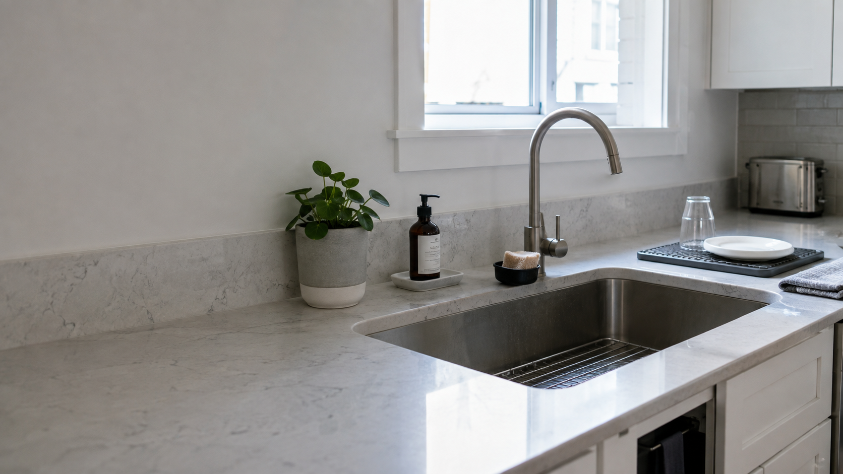 Contemporary organized kitchen sink with dedicated sponge storage, controlled drying space and a clear working basin.