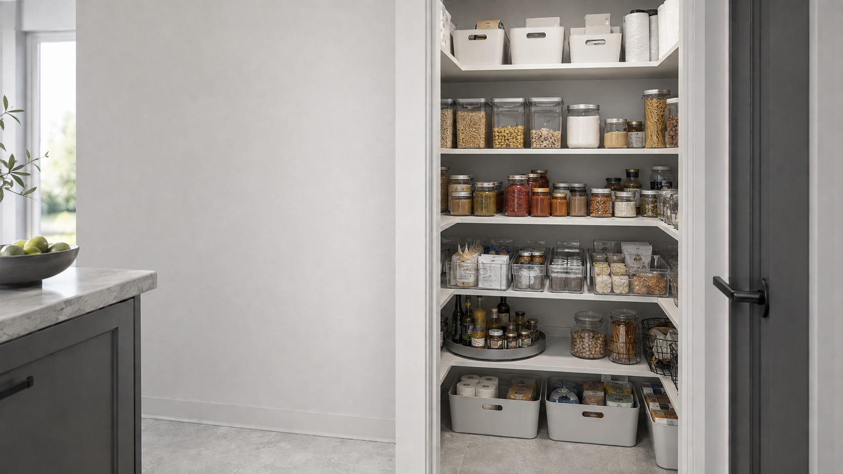 Kitchen Pantry Organization - Ravnora Decor Contemporary compact pantry organized with visible everyday food, pull-forward bins, rotating bottle storage and separate backstock.