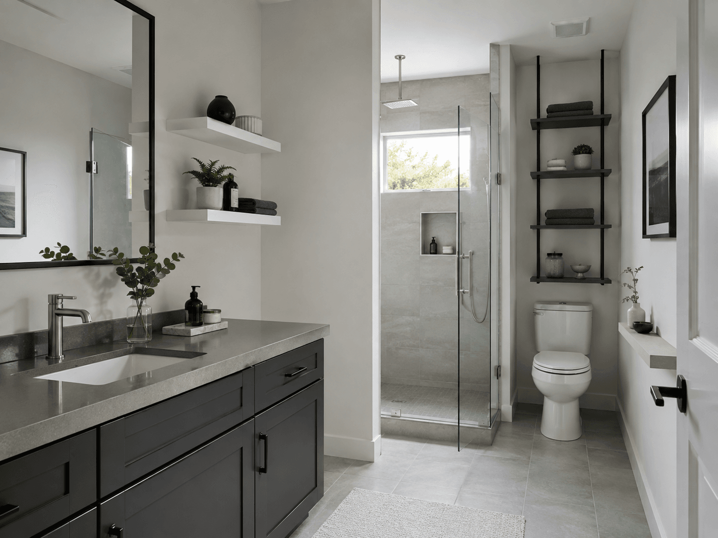 Contemporary bathroom using restrained floating, vertical and narrow-wall shelving without visual clutter