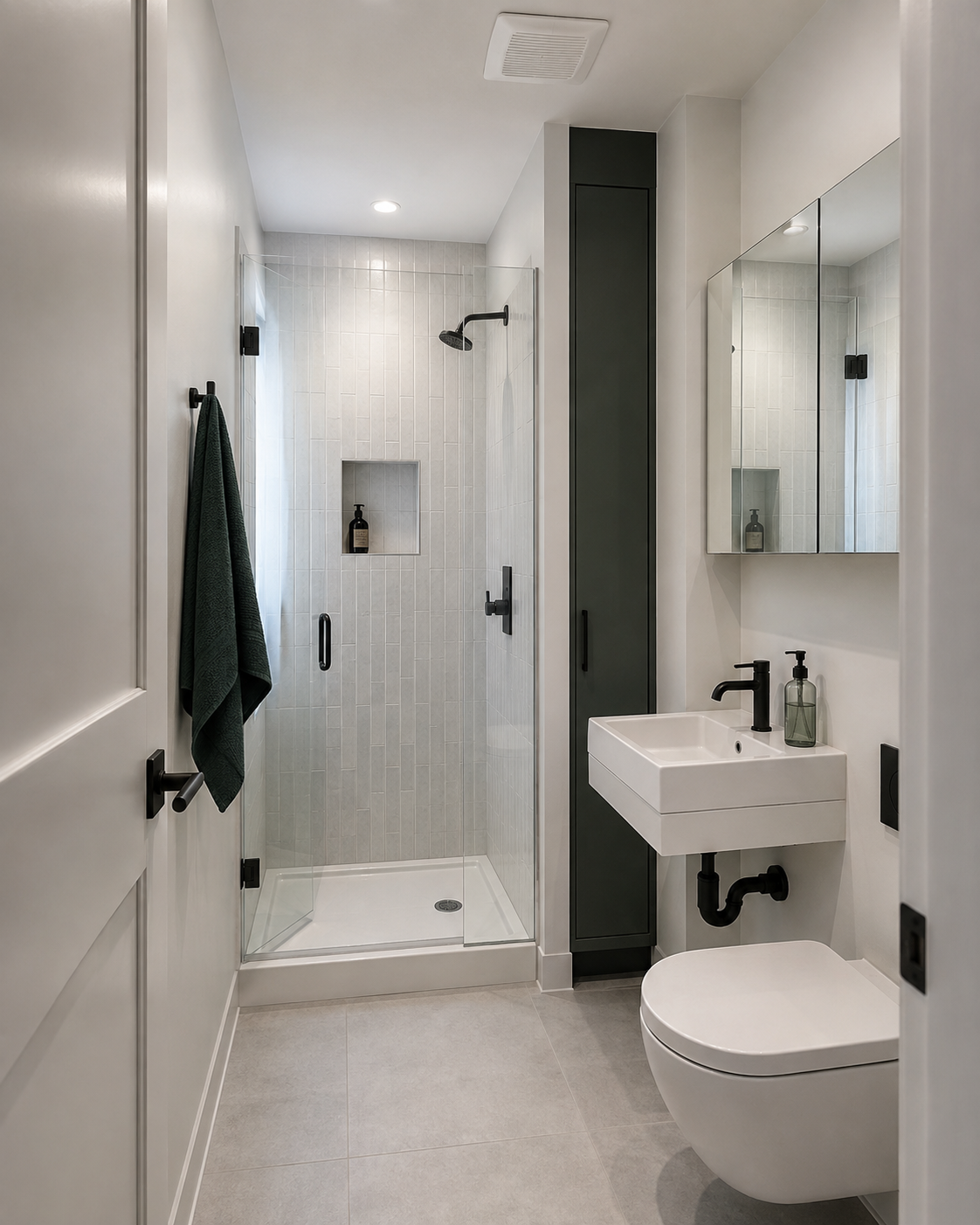 Small bathroom using wall storage and narrow vertical zones to preserve open floor space