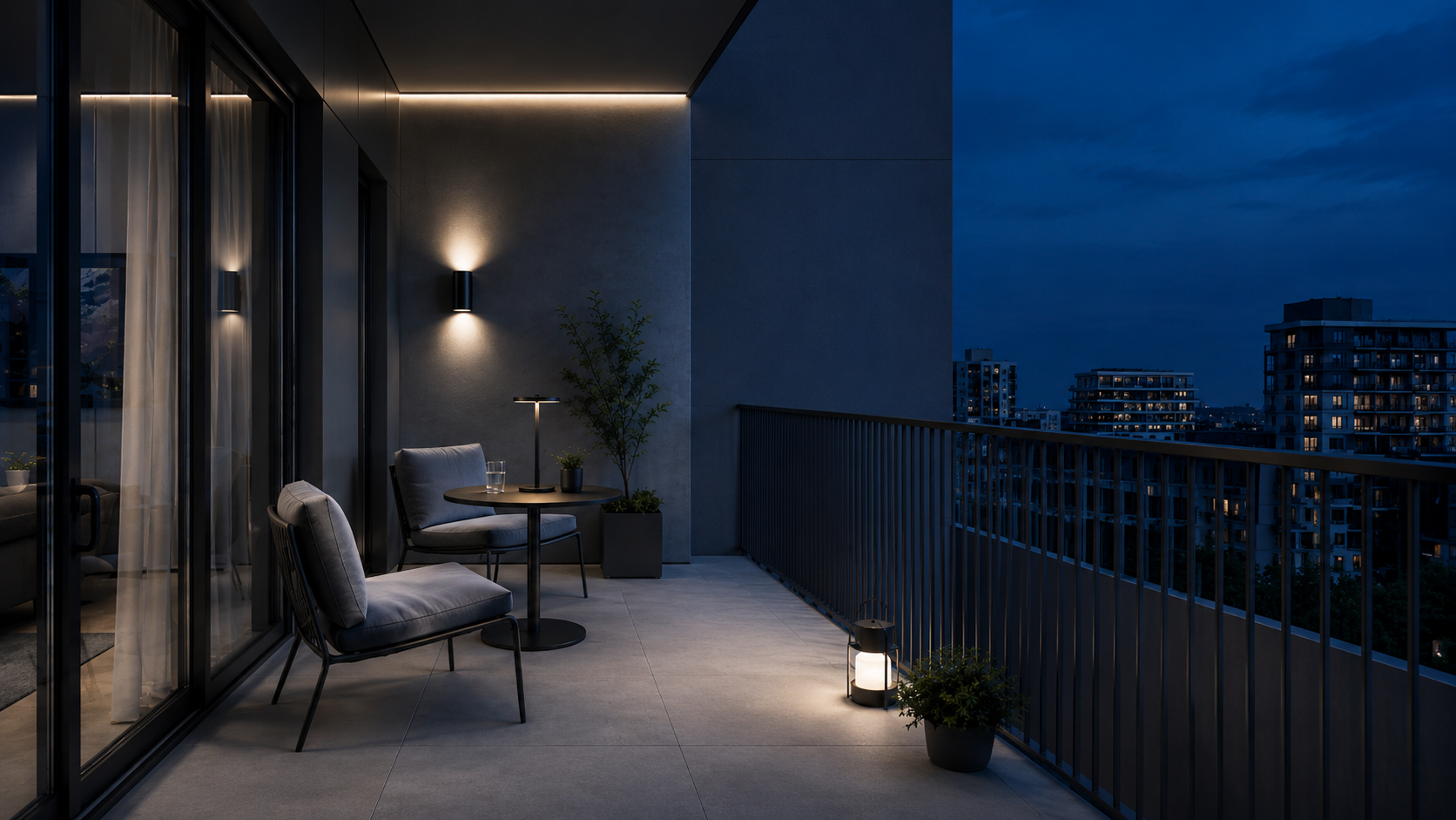 Modern apartment balcony layered with overhead, wall, table and low portable lighting at blue hour.