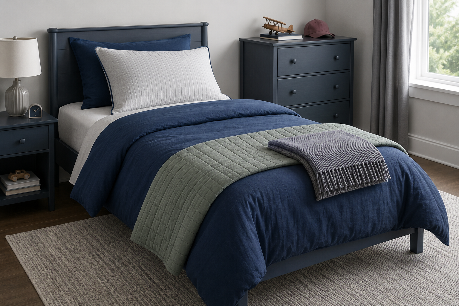 Twin kids bed layered with a navy core cover, sage quilt, pillow accent and optional throw.